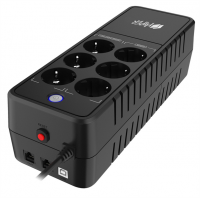 ИБП HIPER APX-600, Standby, 650ВА(360Вт), LED, RJ45/11, 6*Schuko socket, 1х12V/5Ah,USB-порт, чёрный (APX-600)